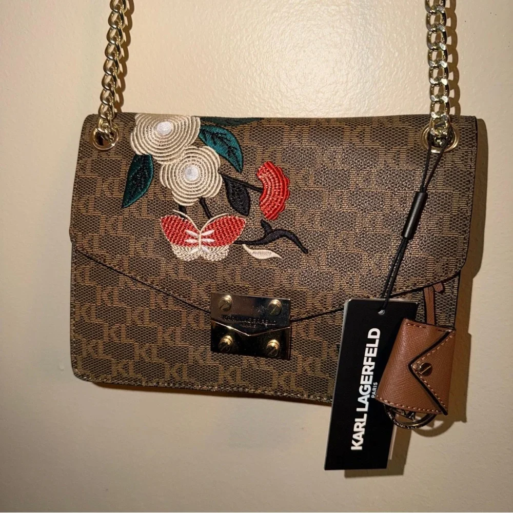 Karl Lagerfeld Brown Floral Chain Shoulder Bag - Picture 2 of 3